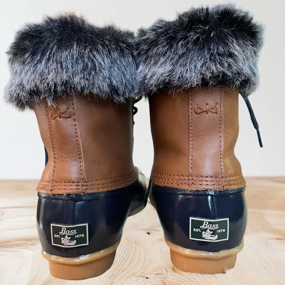 Bass Harlequin Winter Duck Boots Black Sz‎ 9 Womens Leather Rubber Faux Fur Trim
